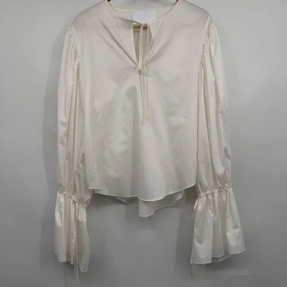 Linda Hopp White Long Bell Sleeve Tie Neck Cotton Peasant Blouse Top Size Small